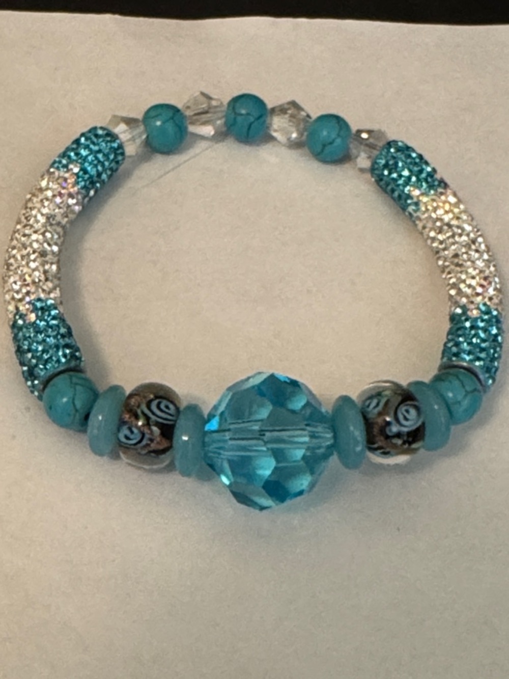 Turquoise Crystal and Bead Stretch Bracelet - Unbranded